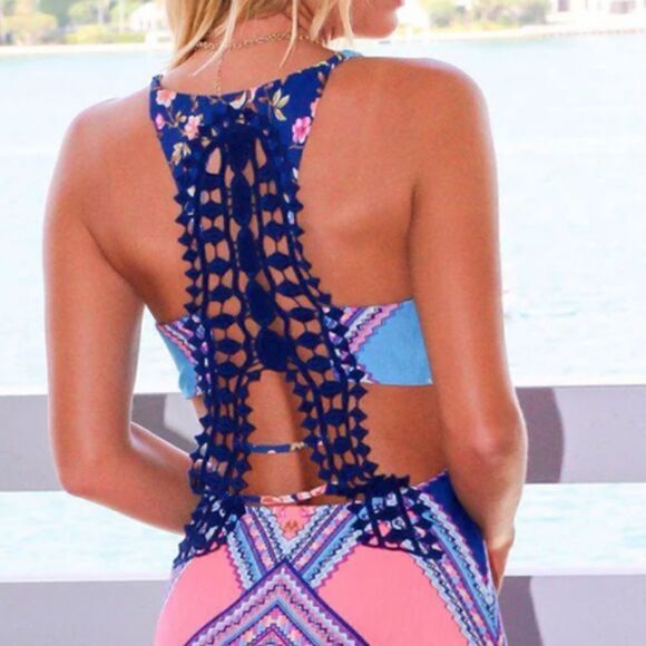 NEW Blue and Neon Sleeveless Floral Maxi Dress with Crochet Back.Size S - Picture 7 of 17